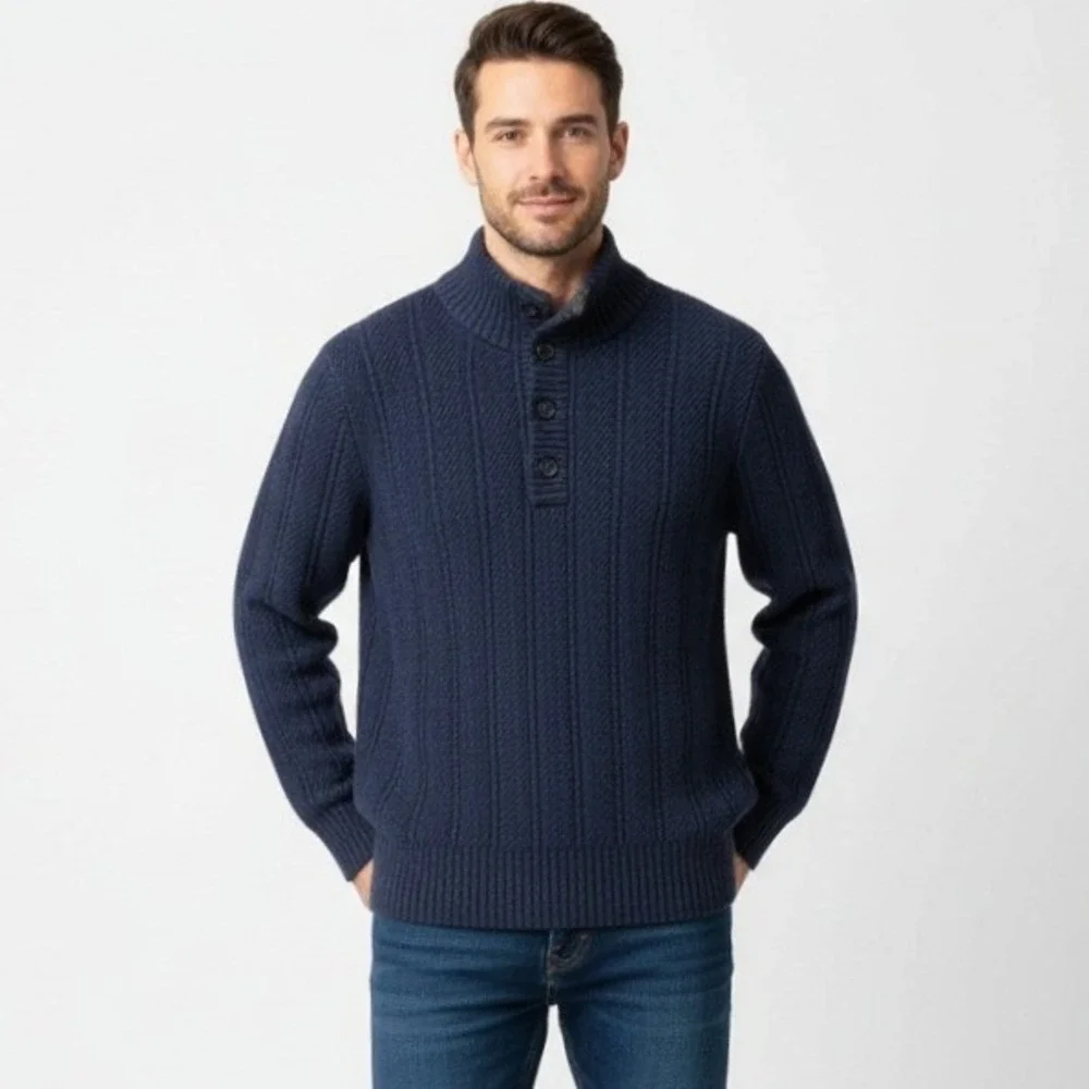 Banana Republic Italian Yarn Merino Wool Sweater 1/4 Button Men XL Blue Rib Knit